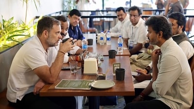 Lok Sabha LoP Rahul Gandhi shares a conversation over coffee with Tamil Nadu chief minister C. Joseph Vijay. (ANI) Lok Sabha LoP Rahul Gandhi shares a conversation over coffee with Tamil Nadu chief minister C. Joseph Vijay. (ANI)