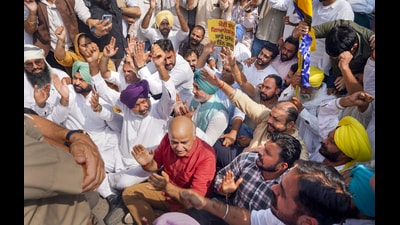 Aam Aadmi Party (AAP) leader Manish Sisodia with party leaders and workers during a protest demanding the resignation of Chief Election Commissioner (CEC) Gyanesh Kumar over alleged electoral roll irregularities, in Chandigarh. (PTI) Aam Aadmi Party (AAP) leader Manish Sisodia with party leaders and workers during a protest demanding the resignation of Chief Election Commissioner (CEC) Gyanesh Kumar over alleged electoral roll irregularities, in Chandigarh. (PTI)