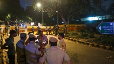Security personnel keep a vigil at Jantar Mantar road after a protest call by Cockroach Janta Party (CJP) against Chief Election Commissioner (CEC) Gyanesh Kumar over alleged electoral roll irregularities, in New Delhi. (PTI) Security personnel keep a vigil at Jantar Mantar road after a protest call by Cockroach Janta Party (CJP) against Chief Election Commissioner (CEC) Gyanesh Kumar over alleged electoral roll irregularities, in New Delhi. (PTI)