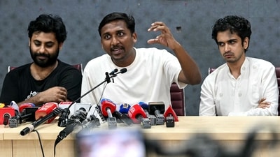 CJP leader Ajinkya Shinde (C) addresses a press conference during a protest demanding the resignation of India's Chief Election Commissioner Gyanesh Kumar near Jantar Mantar in New Delhi on October 10, 2026. (AFP) CJP leader Ajinkya Shinde (C) addresses a press conference during a protest demanding the resignation of India's Chief Election Commissioner Gyanesh Kumar near Jantar Mantar in New Delhi on October 10, 2026. (AFP)
