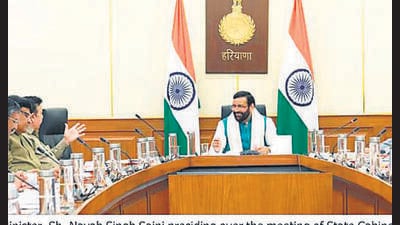 Haryana chief minister Nayab Singh Saini chairing a cabinet meeting in Chandigarh on Saturday. Haryana chief minister Nayab Singh Saini chairing a cabinet meeting in Chandigarh on Saturday.