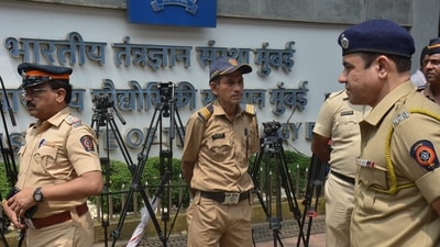 Security outside the IIT-Bombay campus in Powai. (Praful Gangurde/ HT photo)