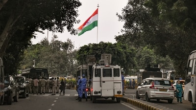 Security personnel and police vehicles stationed in Connaught Place to maintain law and order following the Cockroach Janta Party's (CJP) anti-CEC protest demonstration, in New Delhi, Saturday, Oct. 10, 2026. (PTI)