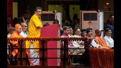 Kolkata: West Bengal Chief Minister Suvendu Adhikari speaks during the Mahalaya Durga Puja celebrations organised by state government, at Eden Gardens, in Kolkata, Saturday, Oct. 10, 2026. (PTI Photo/Manvender Vashist Lav)(PTI10_10_2026_000519B) (PTI) Kolkata: West Bengal Chief Minister Suvendu Adhikari speaks during the Mahalaya Durga Puja celebrations organised by state government, at Eden Gardens, in Kolkata, Saturday, Oct. 10, 2026. (PTI Photo/Manvender Vashist Lav)(PTI10_10_2026_000519B) (PTI)