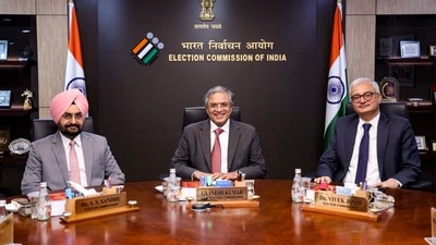 Chief Election Commissioner Gyanesh Kumar with Election Commissioners S S Sandhu and Vivek Joshi. (@ECISVEEP) Chief Election Commissioner Gyanesh Kumar with Election Commissioners S S Sandhu and Vivek Joshi. (@ECISVEEP)