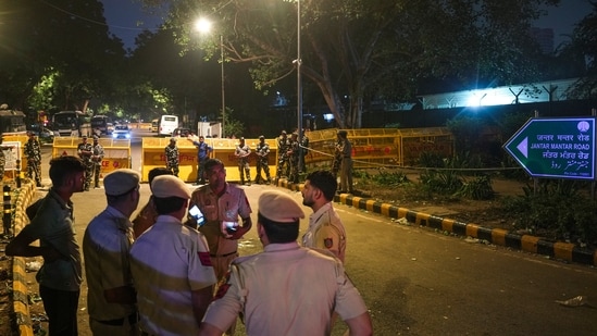 Security personnel keep a vigil at Jantar Mantar road after a protest call by Cockroach Janta Party (CJP) against Chief Election Commissioner (CEC) Gyanesh Kumar over alleged electoral roll irregularities, in New Delhi.