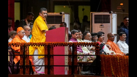 Kolkata: West Bengal Chief Minister Suvendu Adhikari speaks during the Mahalaya Durga Puja celebrations organised by state government, at Eden Gardens, in Kolkata, Saturday, Oct. 10, 2026. (PTI Photo/Manvender Vashist Lav)(PTI10_10_2026_000519B) (PTI)
