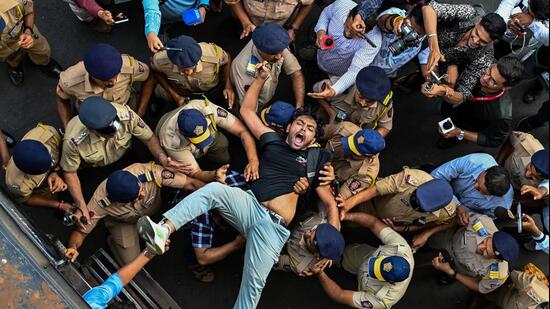 Mumbai, India, Oct 10, 2026 – Mumbai Police detained protesters at August Kranti Maidan, Mumbai, during demonstrations supporting the Cockroach Janata Party (CJP) protest against Chief Election Commissioner Gyanesh Kumar. Several political parties and student organisations participated. Mumbai, India. Oct 10, 2026. (Photo by Raju Shinde/HT Photo) (Raju Shinde)
