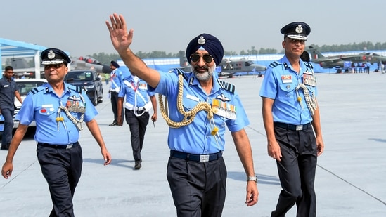Chief of the Air Staff Air Chief Marshal AP Singh, centre, during the 94th Air Force Day celebrations at the Hindon Air Force Station.