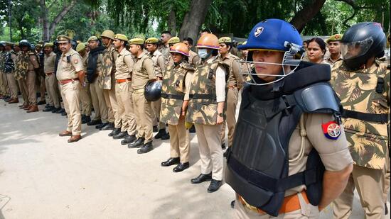 Police personnel at a protest site in the Civil Lines area of Prayagraj on Saturday. (Anil Kumar Maurya/HT)