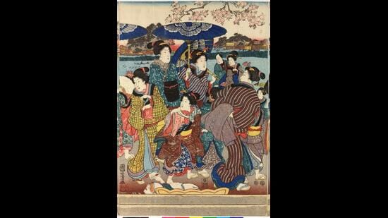 The sakura picnic tradition began centuries ago, as a way to tamp down the earth on river banks to prevent flooding in spring. Above, a mid-19th-century depiction by Utagawa Kuniyoshi. (Wikimedia)