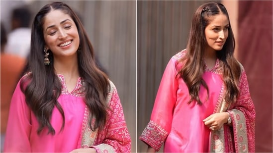 Yami Gautam’s magenta Chanderi kurta set serves festive fashion inspiration. (Instagram)