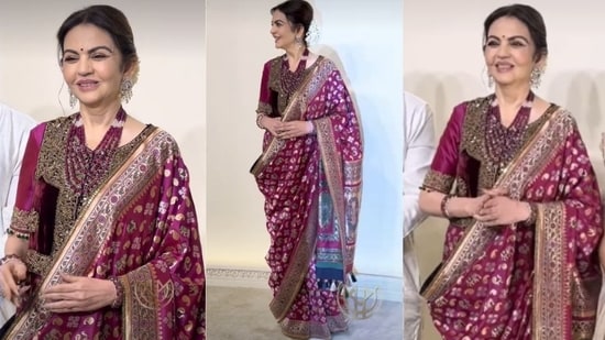 Nita Ambani dazzles in wine-red saree. 