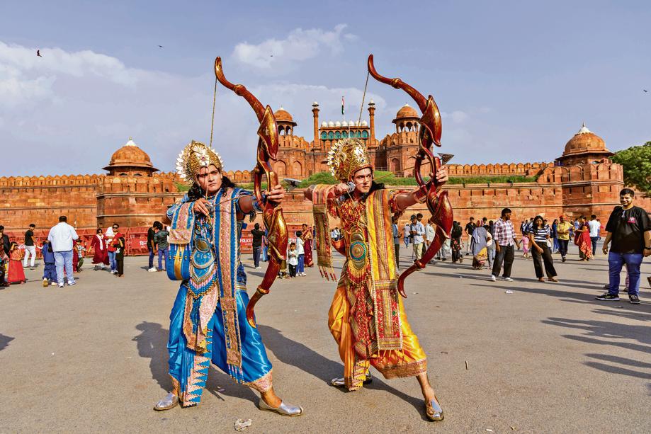 Armed with bows and arrows, actors portraying Lord Ram and Lakshmana bring the characters’ strength and righteousness to life. Armed with bows and arrows, actors portraying Lord Ram and Lakshmana bring the characters’ strength and righteousness to life.