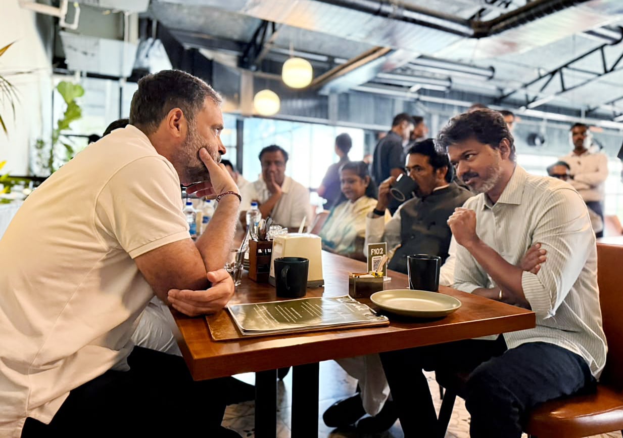 Lok Sabha LoP Rahul Gandhi shares a conversation over coffee with Tamil Nadu Chief Minister C. Joseph Vijay at a café in Chennai on Saturday. (ANI) Lok Sabha LoP Rahul Gandhi shares a conversation over coffee with Tamil Nadu Chief Minister C. Joseph Vijay at a café in Chennai on Saturday. (ANI)