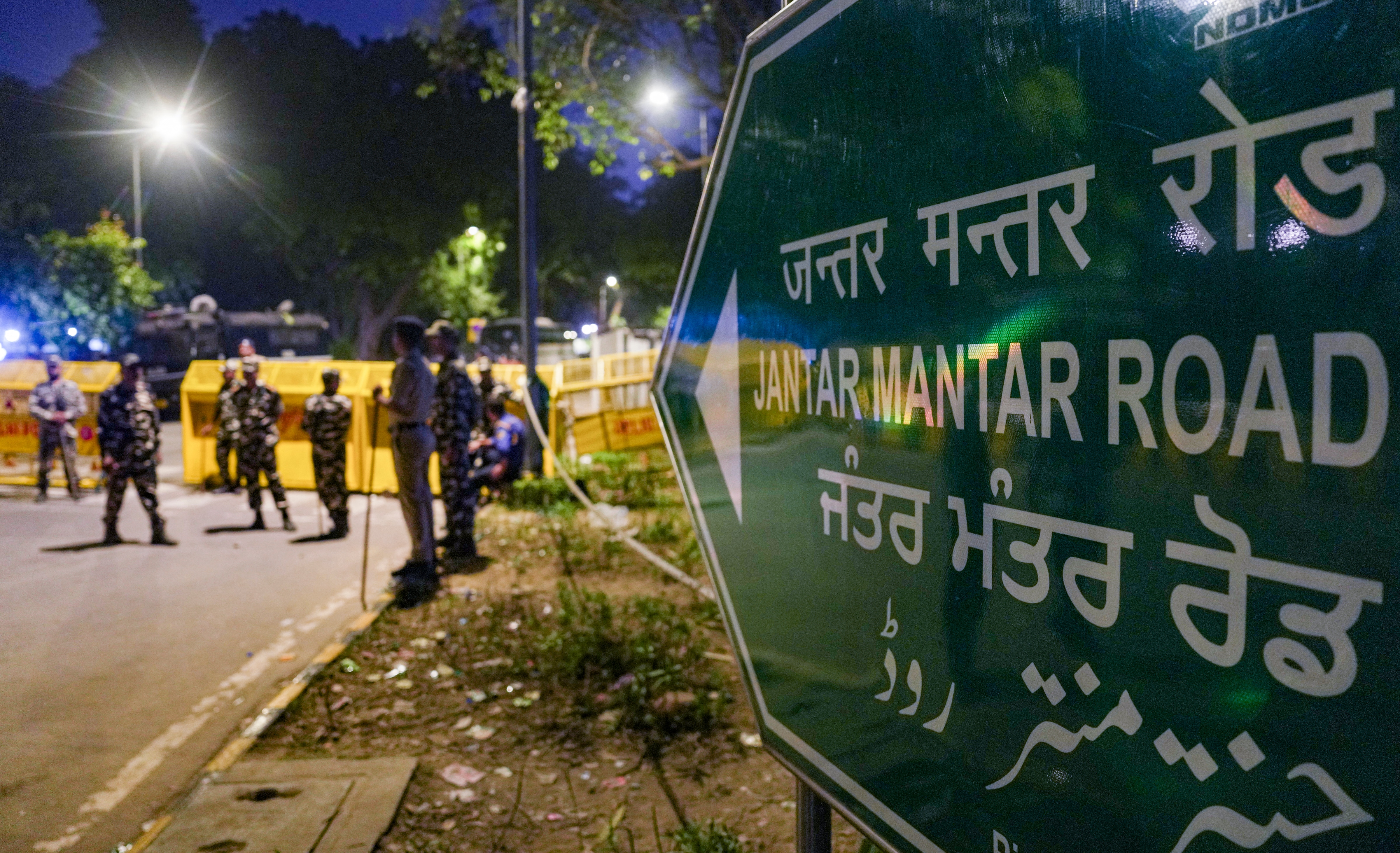 Security personnel keep a vigil at Jantar Mantar road after a protest call by CJP. (PTI) Security personnel keep a vigil at Jantar Mantar road after a protest call by CJP. (PTI)