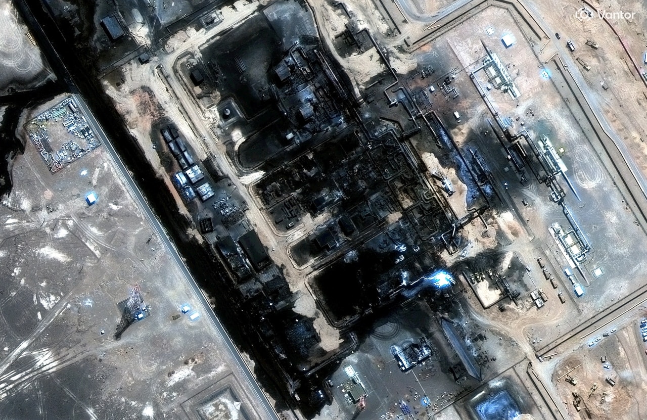 A satellite photo shows the impact of an attack on a key Saudi pipeline in September. A satellite photo shows the impact of an attack on a key Saudi pipeline in September.