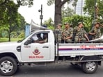 New Delhi, Oct 11 (ANI): A view of the security personnel deployed amid ongoing protest at Connaught Place, in New Delhi on Sunday. (ANI Photo/Nveen Sharma) (Naveen sharma)