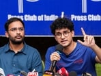 CJP co-conveners Saurav Das, right, and Ashutosh Ranka during a press conference following their release from preventive detention, in New Delhi, Sunday, Oct. 11, 2026. 