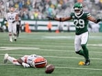 KC Concepcion was involved in a heavy collision with Jets safety Minkah Fitzpatrick, leaving him flat on the ground.(Getty Images via AFP)