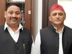 Former BJP MP Dharmendra Kashyap with SP chief Akhilesh Yadav in Lucknow on October 11. (Sourced)