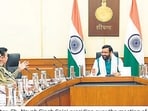 Haryana chief minister Nayab Singh Saini chairing a cabinet meeting in Chandigarh on Saturday.