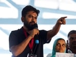 Abhijeet Dipke, founder of the Cockroach Janta Party (CJP), addresses his supporters during a protest demanding resignation of India's Chief Election Commissioner Gyanesh Kumar, in Bengaluru, India.(REUTERS)
