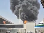 Smoke and flames rise from King Khalid Airport, after Yemen’s Iran-backed Houthis said they attacked the airport, in Riyadh, Saudi Arabia.(Social Media via REUTERS)