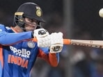 India opener Abhishek Sharma plays a shot during the third T20I against West Indies in Indore on Sunday. (PTI)