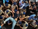 Mumbai, India, Oct 10, 2026 – Mumbai Police detained protesters at August Kranti Maidan, Mumbai, during demonstrations supporting the Cockroach Janata Party (CJP) protest against Chief Election Commissioner Gyanesh Kumar. Several political parties and student organisations participated. Mumbai, India. Oct 10, 2026. (Photo by Raju Shinde/HT Photo) (Raju Shinde)