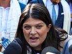 US Representative Haley Stevens interacts with media personnel after a meeting with Tibetan spiritual leader Dalai Lama at the Tsuglagkhang Temple (Dalai Lama Temple) complex in McLeod Ganj, near Dharamshala, Himachal Pradesh, Wednesday, Sept. 30, 2026. 