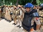 Police personnel at a protest site in the Civil Lines area of Prayagraj on Saturday. (Anil Kumar Maurya/HT)