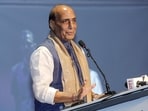 Union defence minister Rajnath Singh addresses an event in Noida, UP. Union defence minister Rajnath Singh addresses an event in Noida, UP.