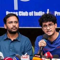 CJP co-conveners Saurav Das, right, and Ashutosh Ranka during a press conference following their release from preventive detention, in New Delhi, Sunday, Oct. 11, 2026. 
