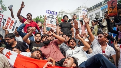 Protesters during the protest against Chief Election Commissioner Gyanesh Kumar at Palika Bazar, Connaught Place, in New Delhi on Sunday. (ANI Photo/ Ritik Sharma) Protesters during the protest against Chief Election Commissioner Gyanesh Kumar at Palika Bazar, Connaught Place, in New Delhi on Sunday. (ANI Photo/ Ritik Sharma)