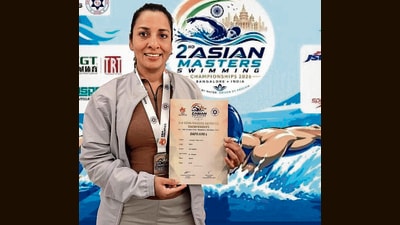 Abhipsha Thakur after clinching top spots at the Asian masters swimming championship in Bengaluru. (HT) Abhipsha Thakur after clinching top spots at the Asian masters swimming championship in Bengaluru. (HT)