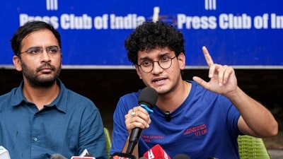 CJP co-conveners Saurav Das, right, and Ashutosh Ranka during a press conference following their release from preventive detention, in New Delhi, Sunday, Oct. 11, 2026. (PTI) CJP co-conveners Saurav Das, right, and Ashutosh Ranka during a press conference following their release from preventive detention, in New Delhi, Sunday, Oct. 11, 2026. (PTI)
