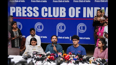 Cockroach Janta Party (CJP) co-conveners Saurav Das and Ashutosh Ranka, along with legal head Ratna Singh during a press conference following their release from preventive detention in New Delhi on Sunday. (PTI) Cockroach Janta Party (CJP) co-conveners Saurav Das and Ashutosh Ranka, along with legal head Ratna Singh during a press conference following their release from preventive detention in New Delhi on Sunday. (PTI)