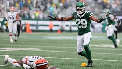 KC Concepcion was involved in a heavy collision with Jets safety Minkah Fitzpatrick, leaving him flat on the ground. (Getty Images via AFP)