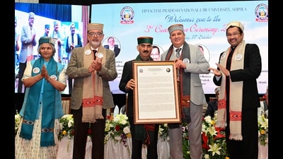 Himachal chief minister Sukhvinder Singh Sukhu during an event at Himachal Pradesh National Law University in Shimla on Sunday. (HT)