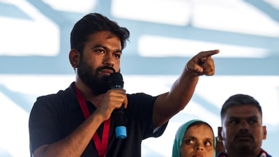 Abhijeet Dipke, founder of the Cockroach Janta Party (CJP), addresses his supporters during a protest demanding resignation of India's Chief Election Commissioner Gyanesh Kumar, in Bengaluru, India. (REUTERS)
