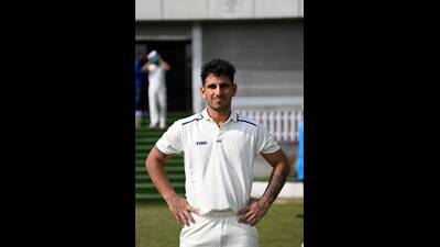 Madhav Kaushik poses fot HT after hitting his maiden century of the season at Rajgir on Sunday. (HT PHOTO) Madhav Kaushik poses fot HT after hitting his maiden century of the season at Rajgir on Sunday. (HT PHOTO)