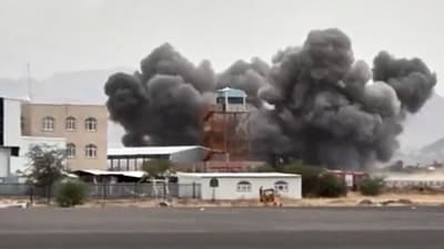 File photo of an explosion at the Sanaa International Airport compound in August 2026. (AL-MASIRAH TV NEWS CHANNEL via A) File photo of an explosion at the Sanaa International Airport compound in August 2026. (AL-MASIRAH TV NEWS CHANNEL via A)