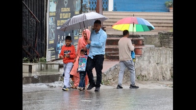 People walk with umbrellas during rain in Mandi on Sunday. (Birbal Sharma/HT)