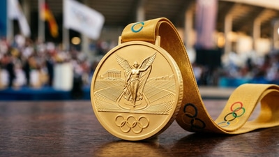 Gold medals at the Olympics are not made entirely of gold. (Representational image generated using AI) Gold medals at the Olympics are not made entirely of gold. (Representational image generated using AI)