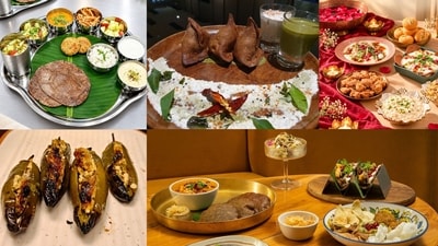 (Clockwise from top left) Himachali Thal, Singhare ke Samose, snacking platter, fusion food and Lauki ka Halwa and Paneer Stuffed Jalapeno (Clockwise from top left) Himachali Thal, Singhare ke Samose, snacking platter, fusion food and Lauki ka Halwa and Paneer Stuffed Jalapeno