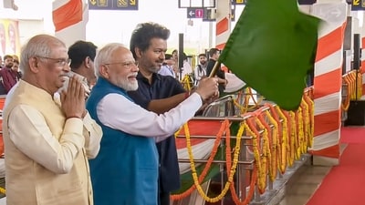 Prime Minister Narendra Modi with Tamil Nadu Chief Minister C Joseph Vijay, inaugurates the Poonamallee-Vadapalani stretch of Phase II of the Chennai Metro Rail Project, in Chennai, (screengrab/@NarendraModi/via PTI) Prime Minister Narendra Modi with Tamil Nadu Chief Minister C Joseph Vijay, inaugurates the Poonamallee-Vadapalani stretch of Phase II of the Chennai Metro Rail Project, in Chennai, (screengrab/@NarendraModi/via PTI)