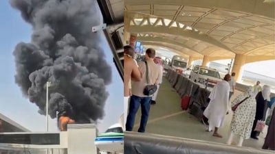 Plumes of smoke rising from Riyadh airport after airstrike (L). Ambulance arrives to take away the injured after attack wounds hundreds.