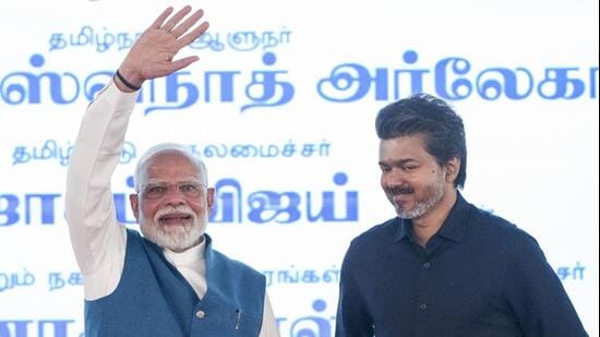 Chennai: Prime Minister Narendra Modi and Tamil Nadu Chief Minister C Joseph Vijay during the launch and inauguration of various development projects worth over <span class='webrupee'>₹</span>13,000 crore. (PTI)