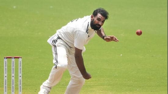 Mohammed Shami bowls during the Duleep Trophy final for East Zone against South Zone in Chennai on September 8. (PTI)
